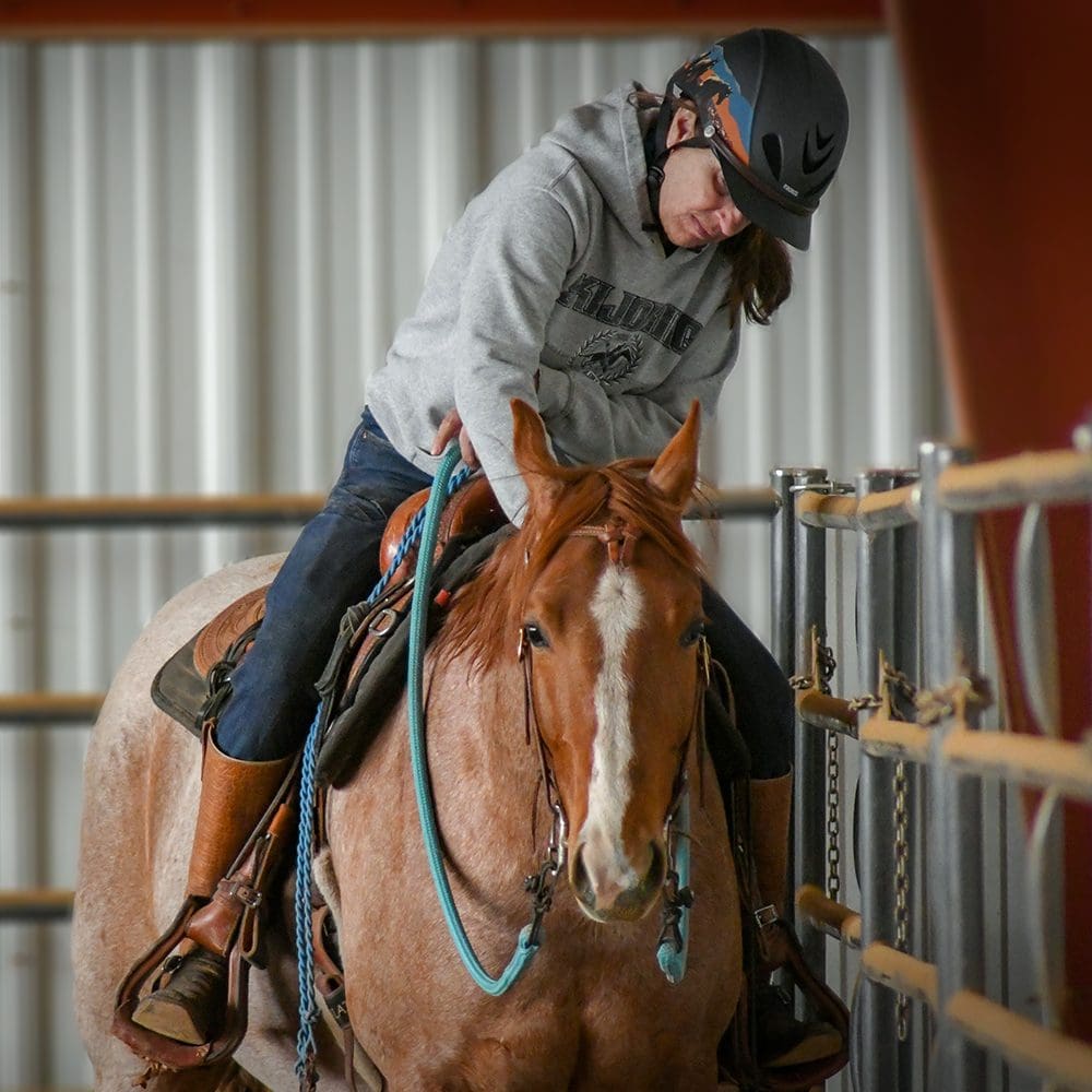 Julie petting Pepper's neck, riding in the indoor arena.