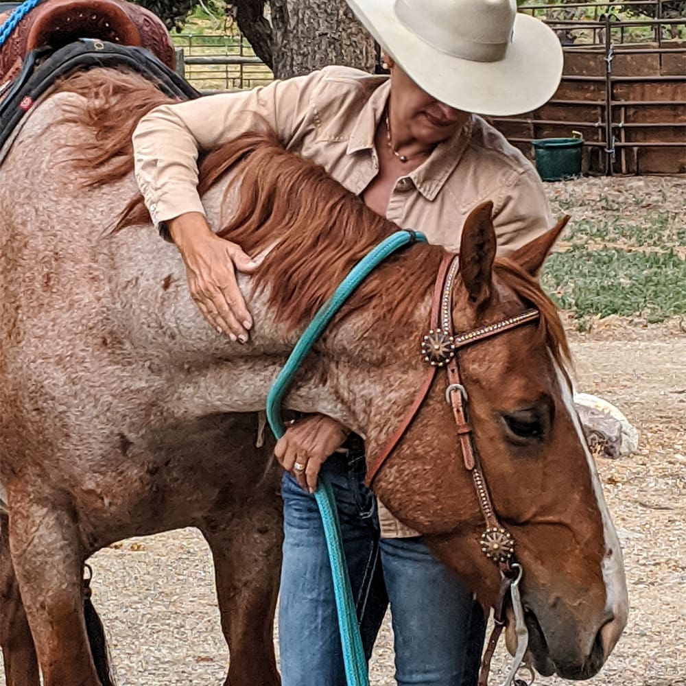 Julie petting Pepper's neck